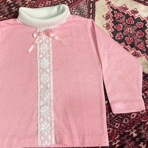 Vintage Health-tex 2T Pink and White Turtleneck with Lace and Bow Details